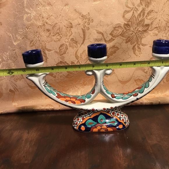 MEXICAN POTTERY GARAY 3 LITE CANDELABRA, CANDLESTICK, FOLK ART - Picture 11 of 13